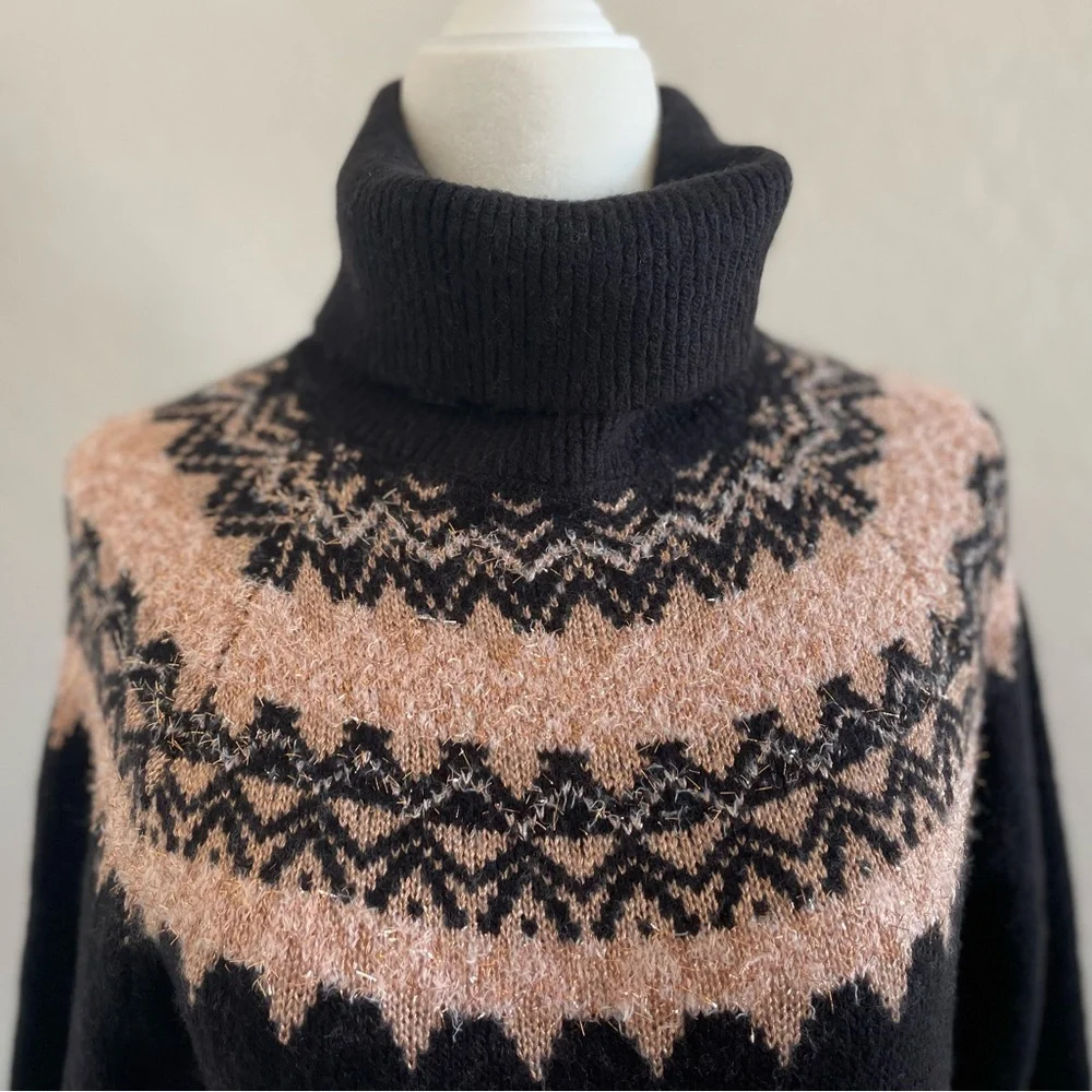 SALE - NWT Ann Taylor Black Nordic Fair Isle Turtleneck Sweater, Size “XS” - Picture 5 of 8